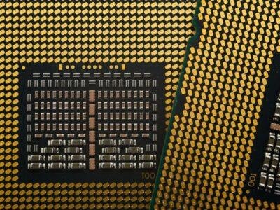 A processor die closeup, representing the compute behind training a distilled AI model