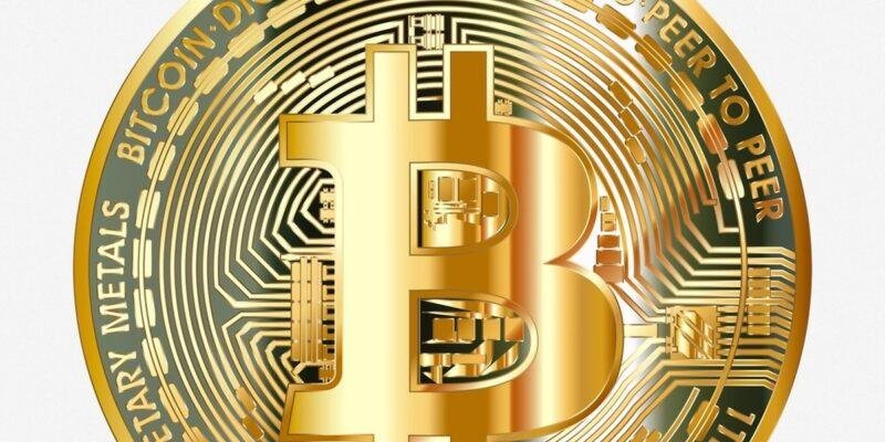 A physical Bitcoin coin, representing the BTC locked on the main chain behind a sidechain token